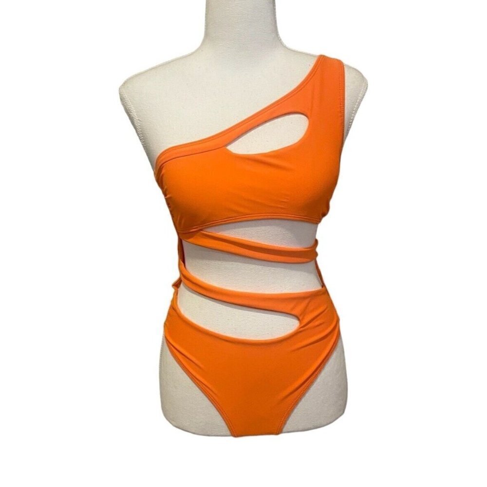 Refuge Women One Piece Orange Swimsuit Small Stomach Cutouts One Shoulder
